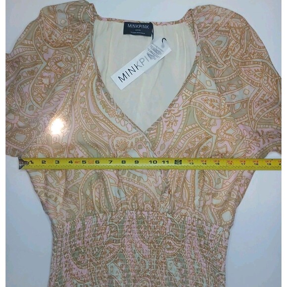 MINKPINK Sz M Catalina Mini Dress. Multicolor Pink Paisley Smocked Waist NWT - Picture 12 of 16